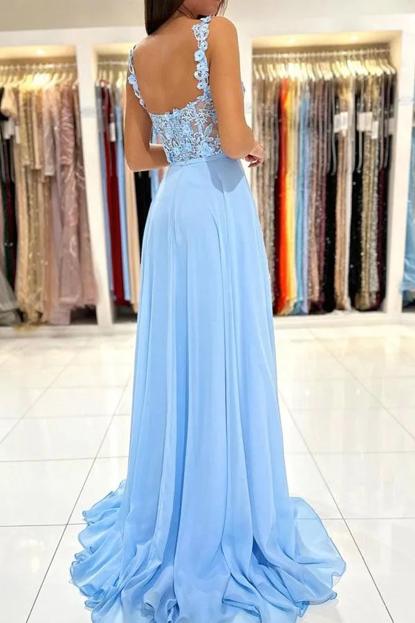 A-Line Chiffon Lace Long Prom Dress Blue Chiffon  Formal Dress PSK332