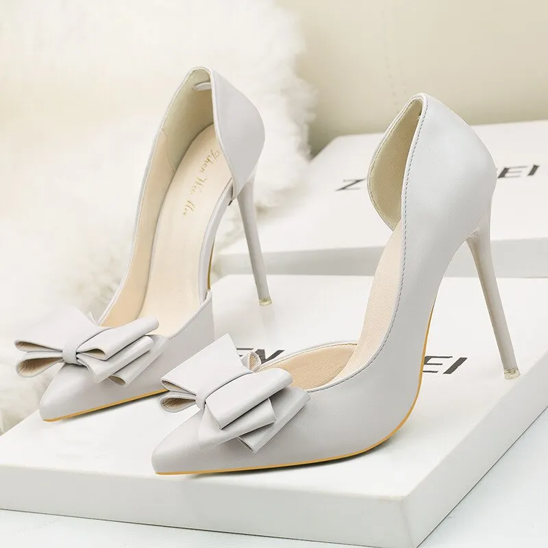 Amozae- Women's Shoes 10.5CM PUMPS Women's Shoes Fashion Sweet Bow Stiletto High Heel Shallow Mouth Pointed Side Hollow Single Shoes