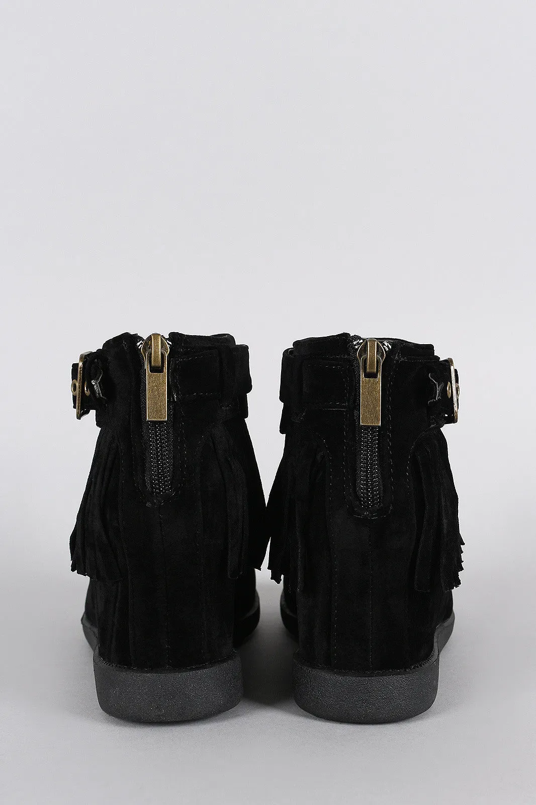Bamboo Buckle Fringe Moccasin Hidden Wedge Booties