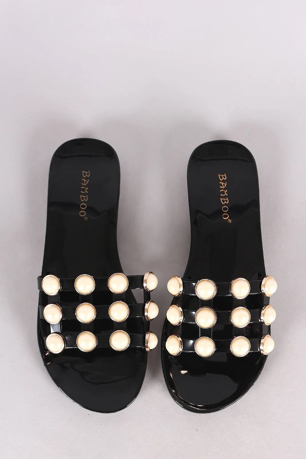 Bamboo Faux Pearl Accent Jelly Caged Slide Sandal