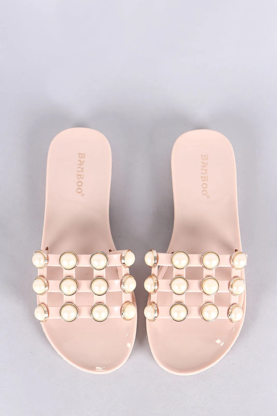 Bamboo Faux Pearl Accent Jelly Caged Slide Sandal