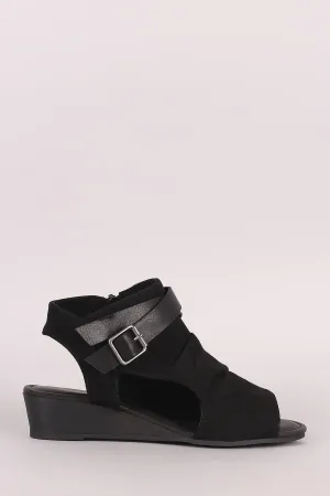 Bamboo Suede Crisscross Buckled Strap Cutout Wedge Sandal