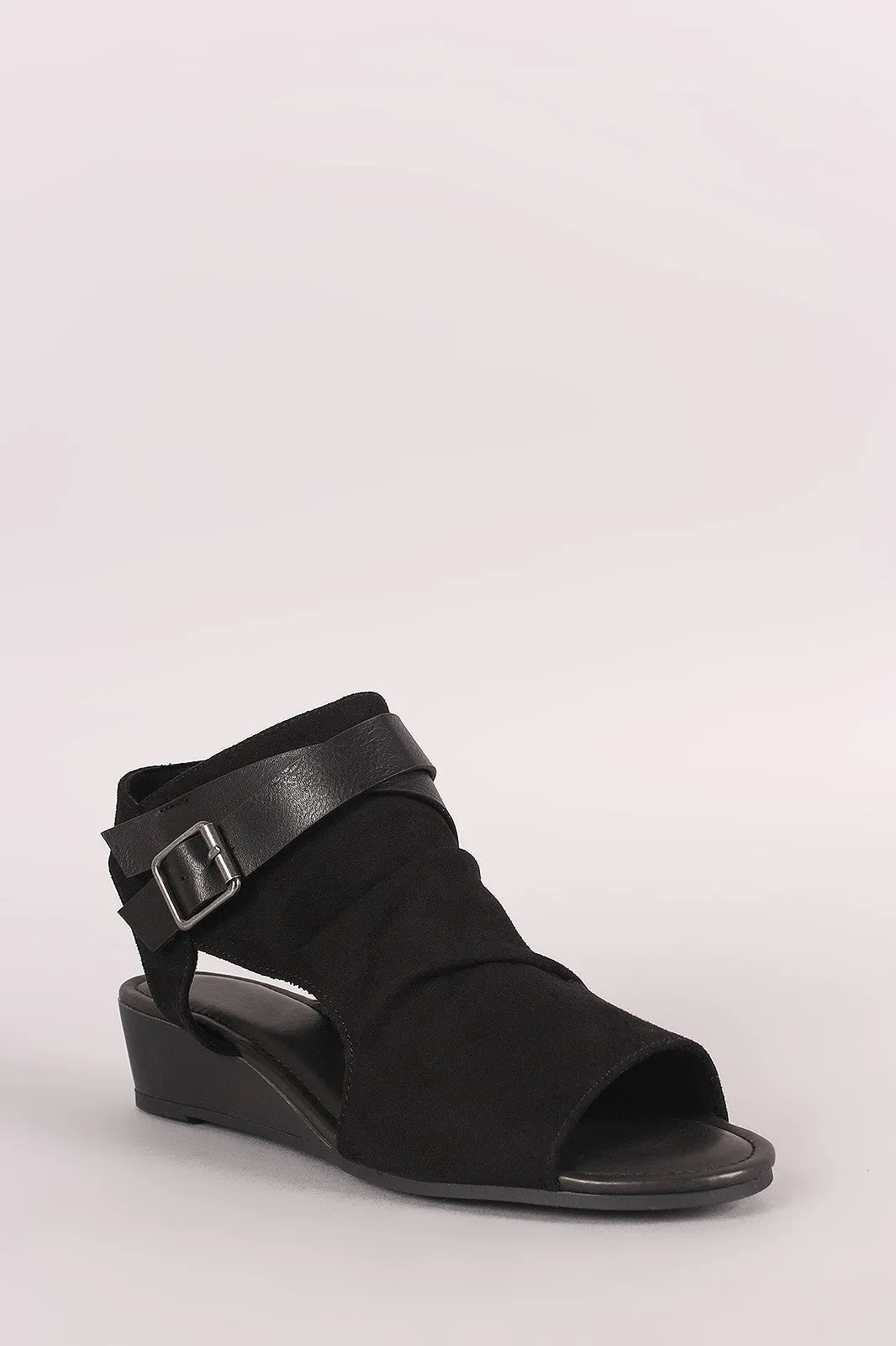 Bamboo Suede Crisscross Buckled Strap Cutout Wedge Sandal