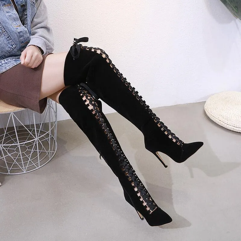 Black Over Knee Strappy Cutout Boots