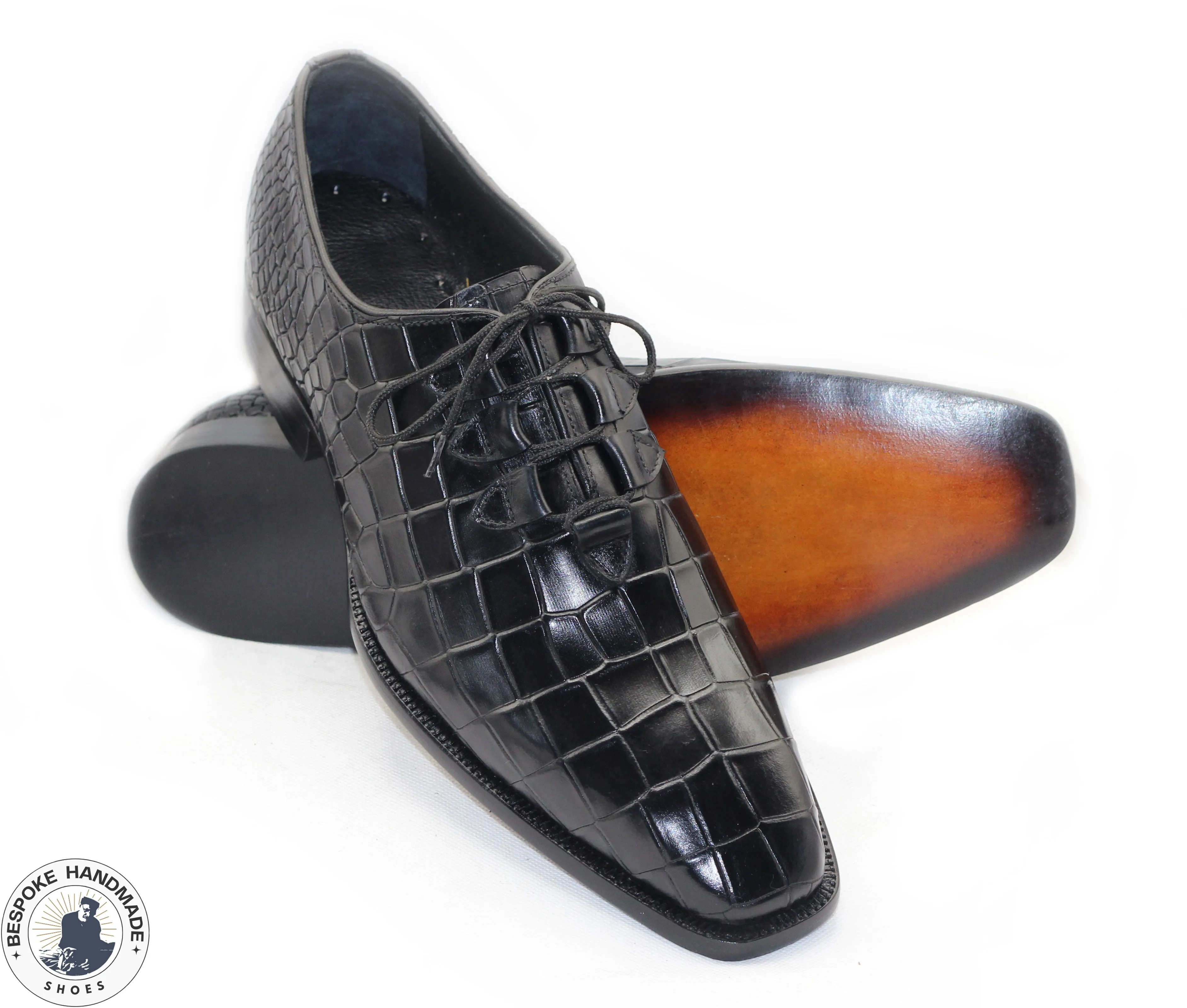 Custom made Black Alligator Print Leather Oxford Lace Up Men Shoes