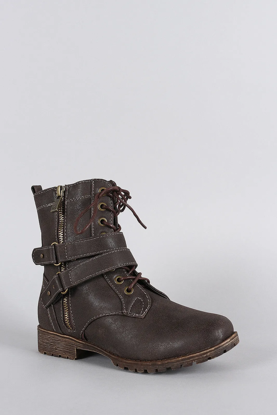 Distressed Zipper Combat Lace Up Ankle Boots