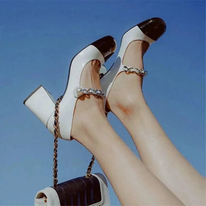 Flare Heel Shoes with Chain and Pearl Embellishments