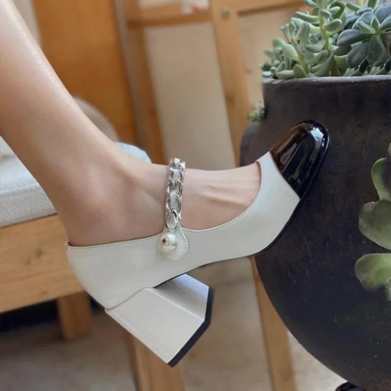 Flare Heel Shoes with Chain and Pearl Embellishments