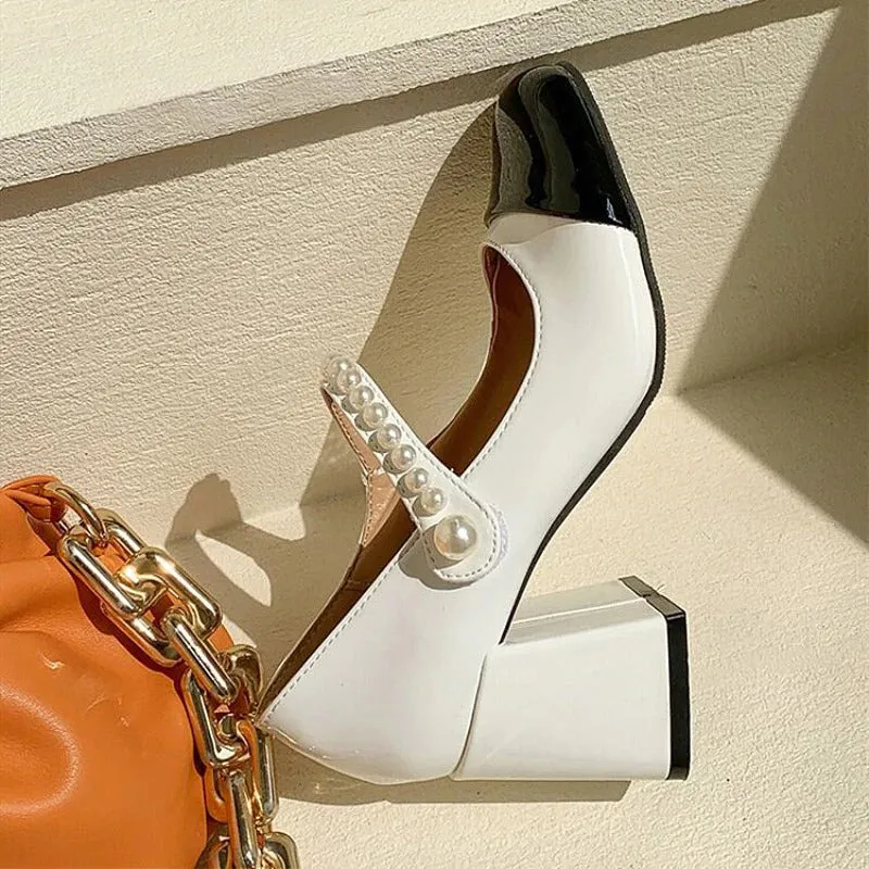 Flare Heel Shoes with Chain and Pearl Embellishments