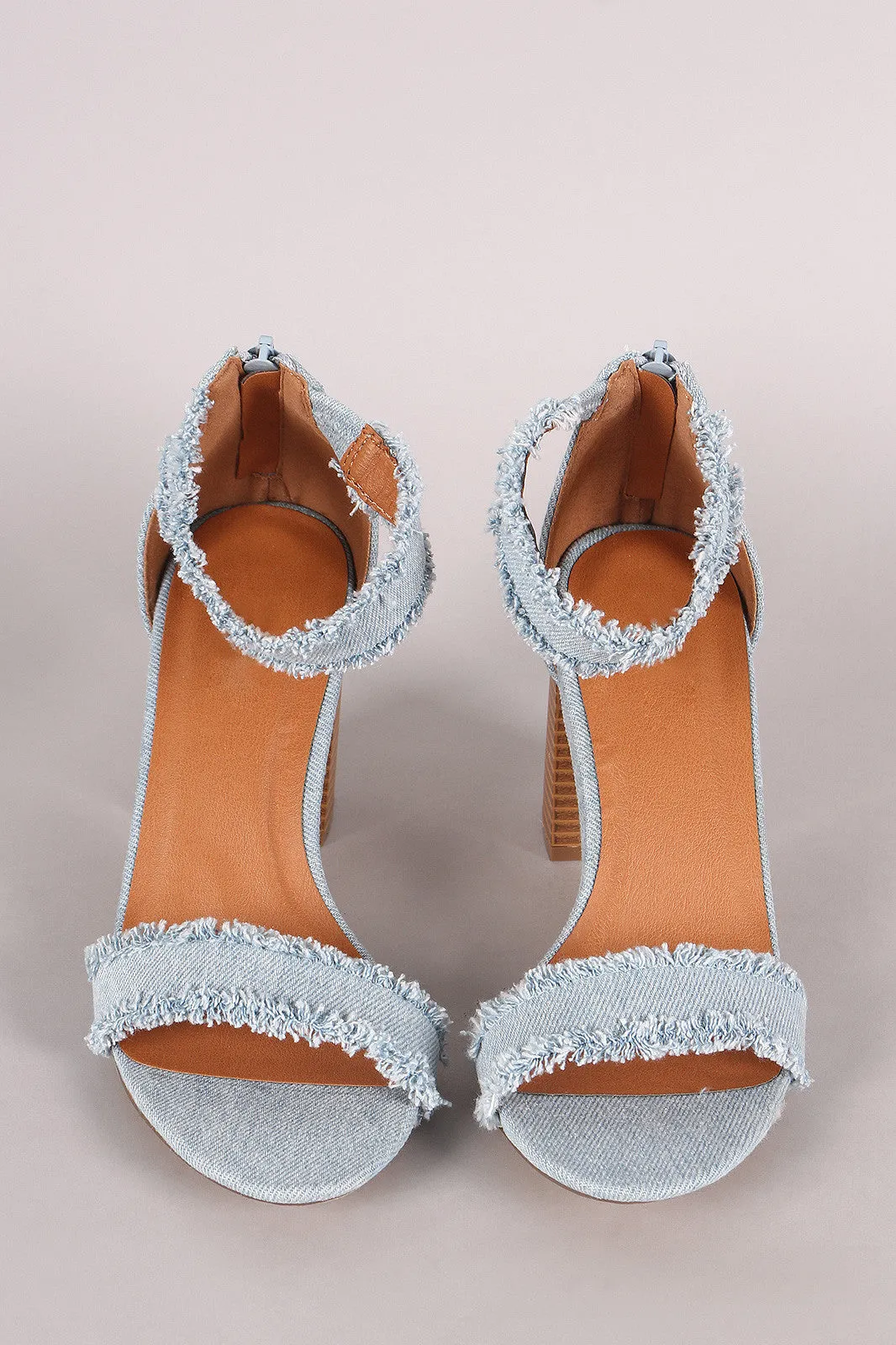 Frayed Denim Buckle Ankle Strap Chunky Heel