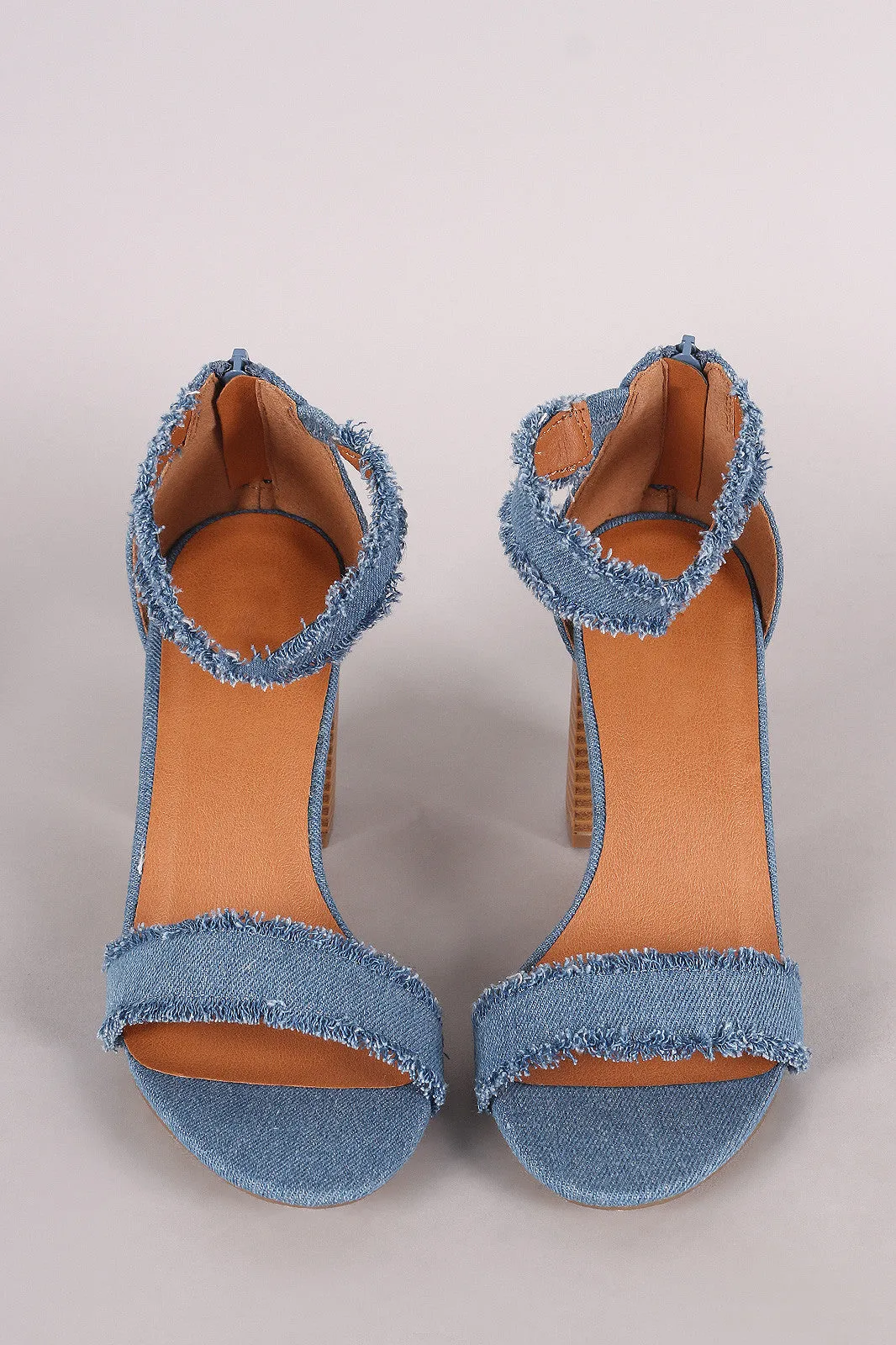 Frayed Denim Buckle Ankle Strap Chunky Heel