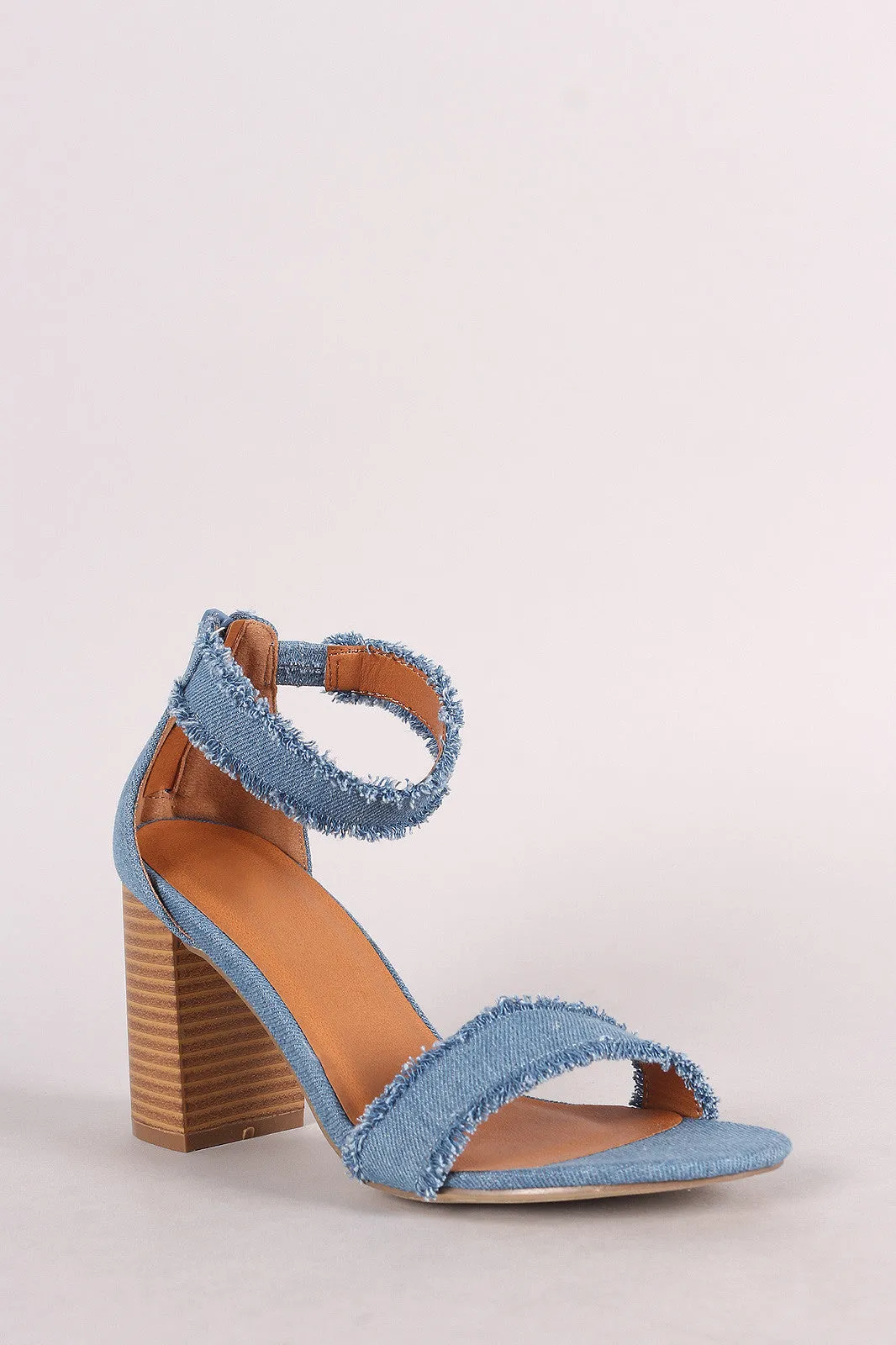 Frayed Denim Buckle Ankle Strap Chunky Heel