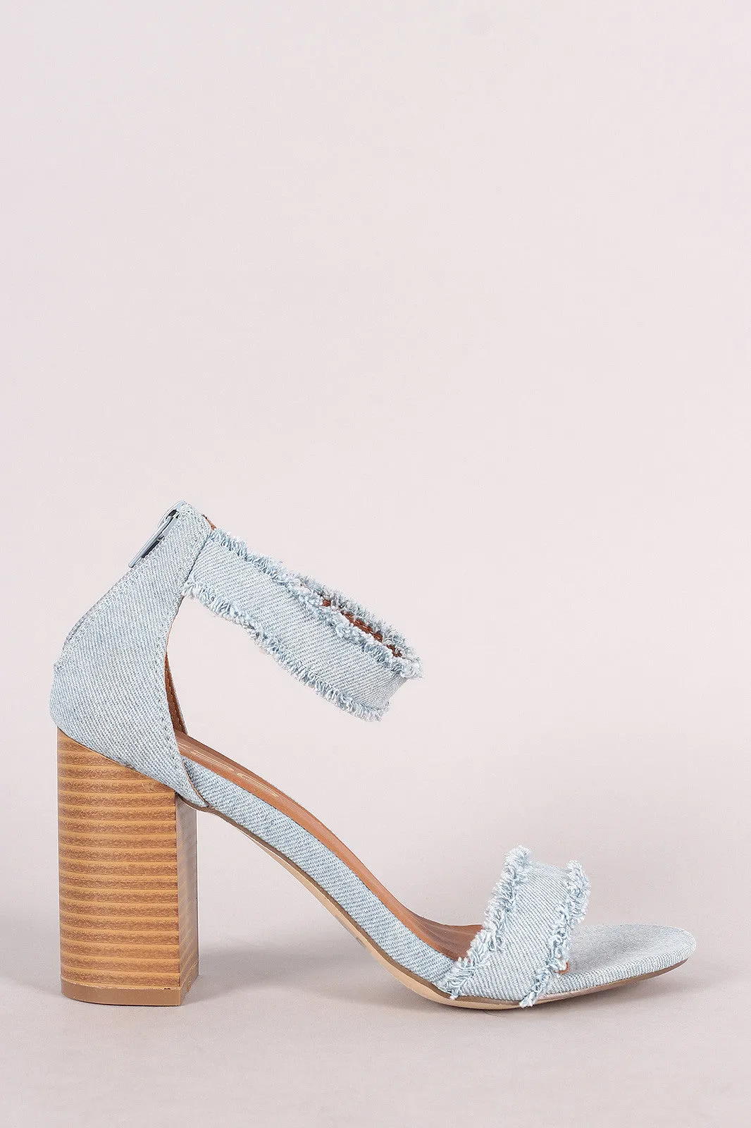 Frayed Denim Buckle Ankle Strap Chunky Heel