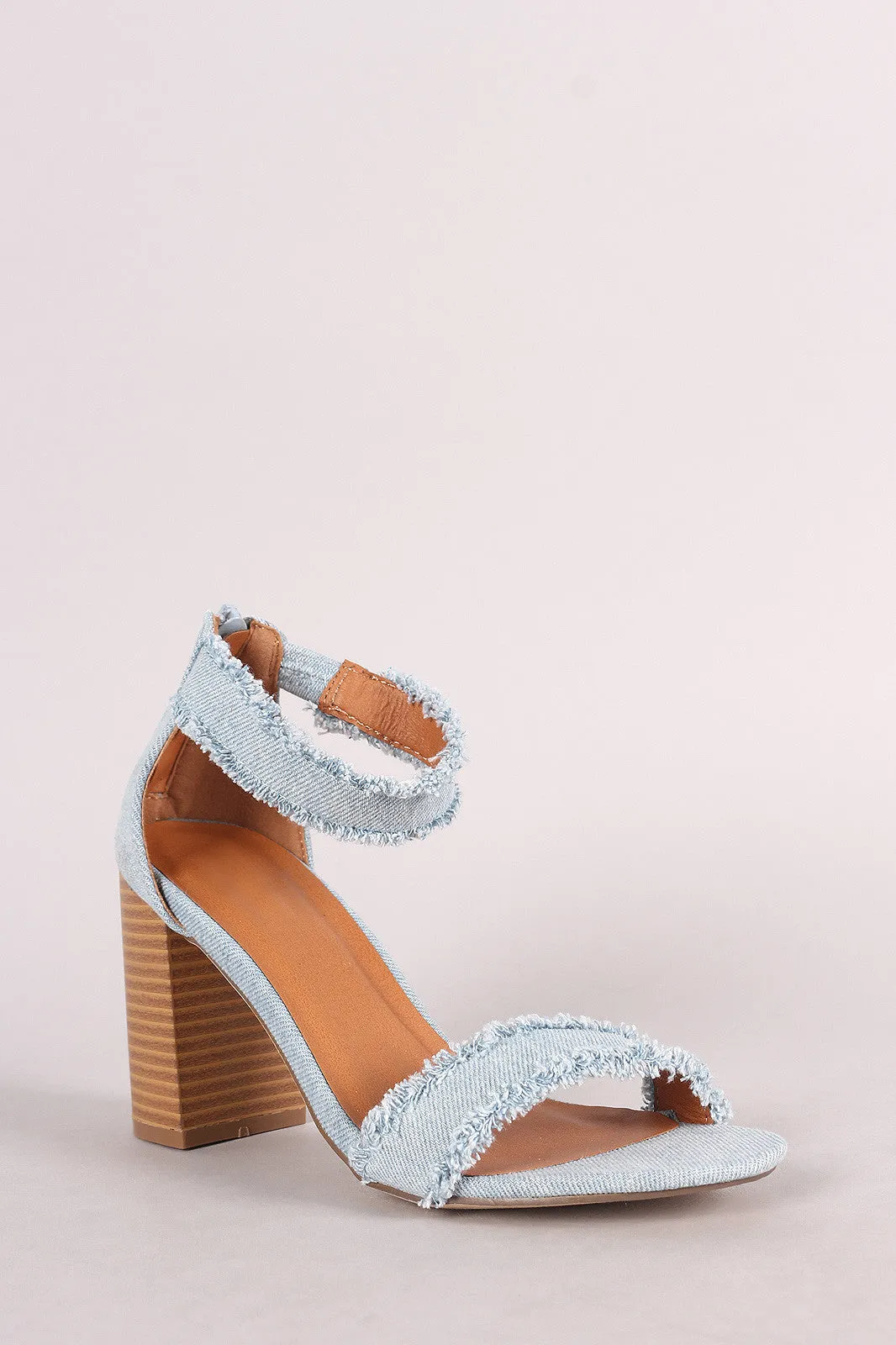 Frayed Denim Buckle Ankle Strap Chunky Heel