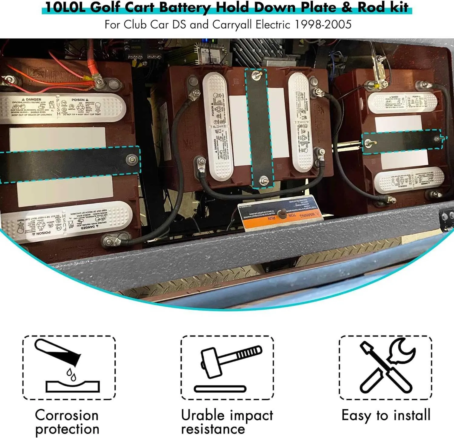 Golf Cart Battery Hold Down Plate and Rod kit for Club Car DS & Carryall 1998-2005 - 10L0L