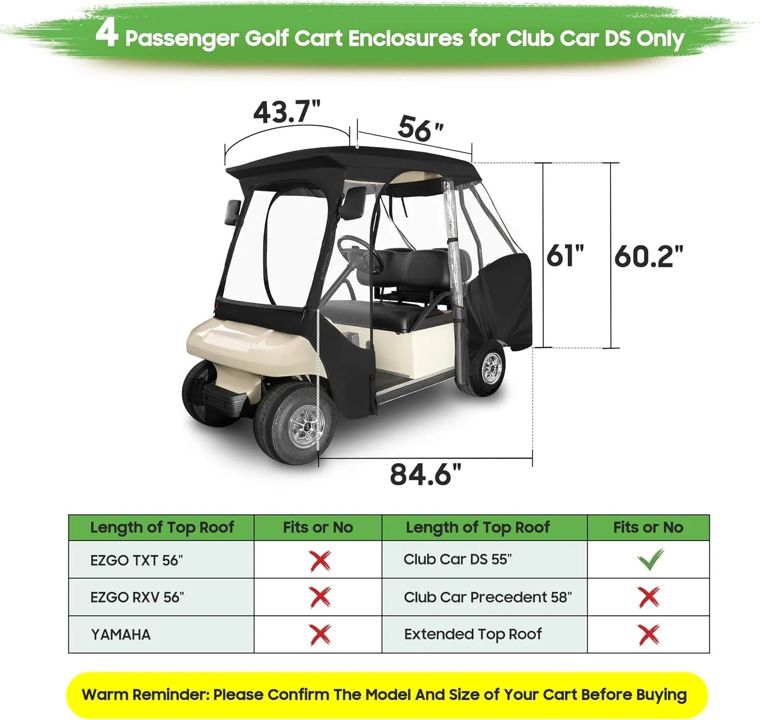 Golf Cart Enclosures Waterproof Driving Cover for 4 Passenger Club Car DS - 10L0L