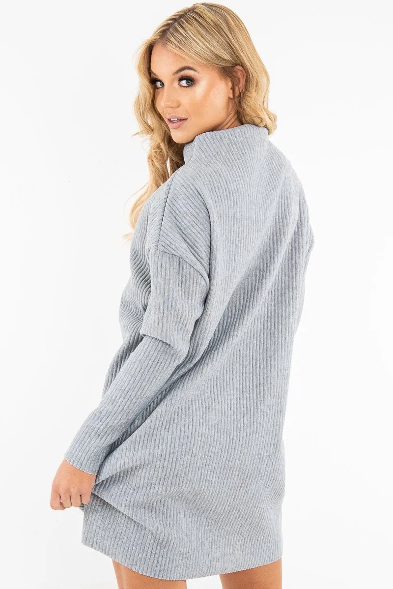Grey Chunky Rib Slash Neck Jumper Dress - Kameron
