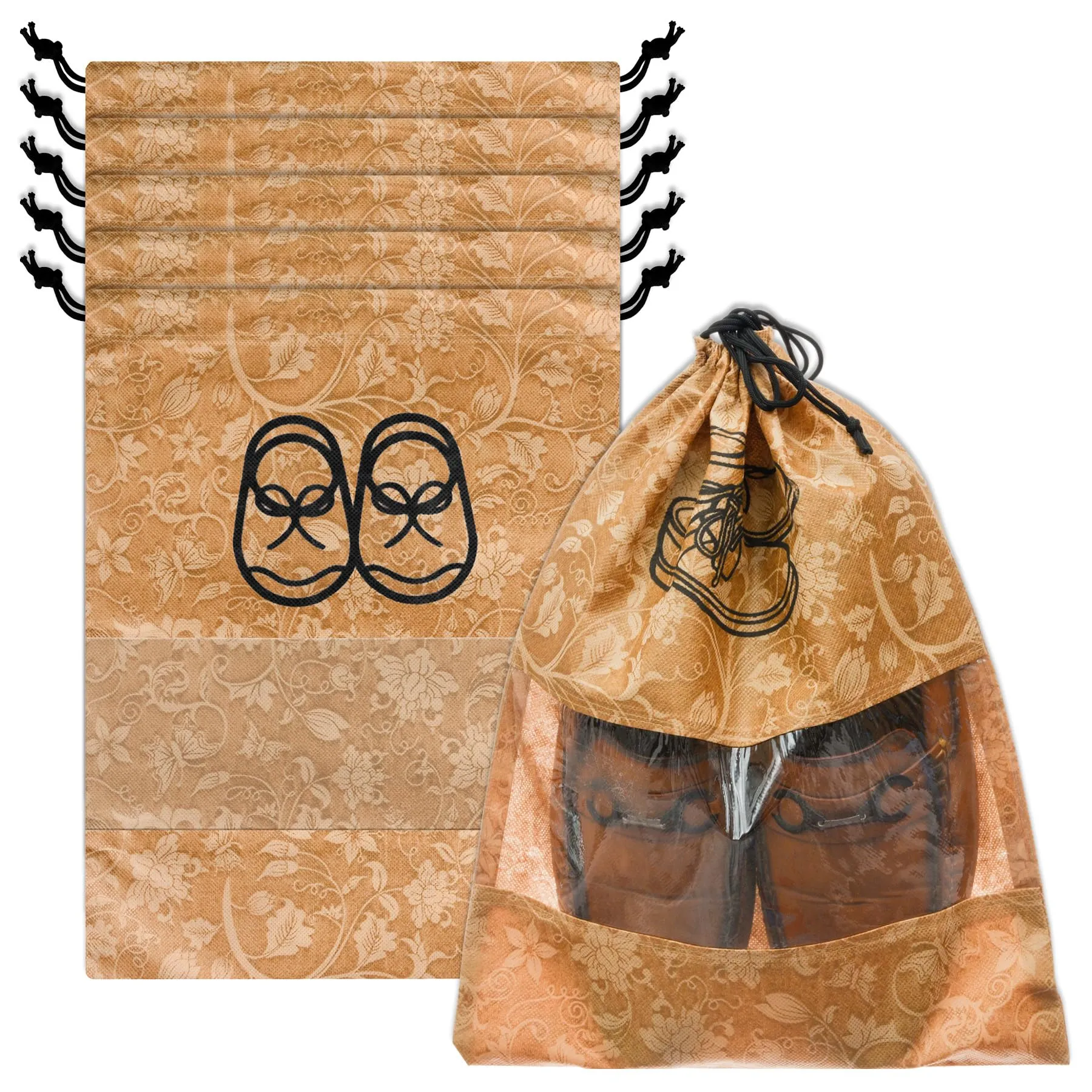 Kuber Industries Shoe Cover | Travel Shoe Storage Bags | Non-Woven Storage Bags | Shoe Cover with Drawstring | Shoe Organizer with Clear Window | Flower-Design | Pack of 6 | Brown