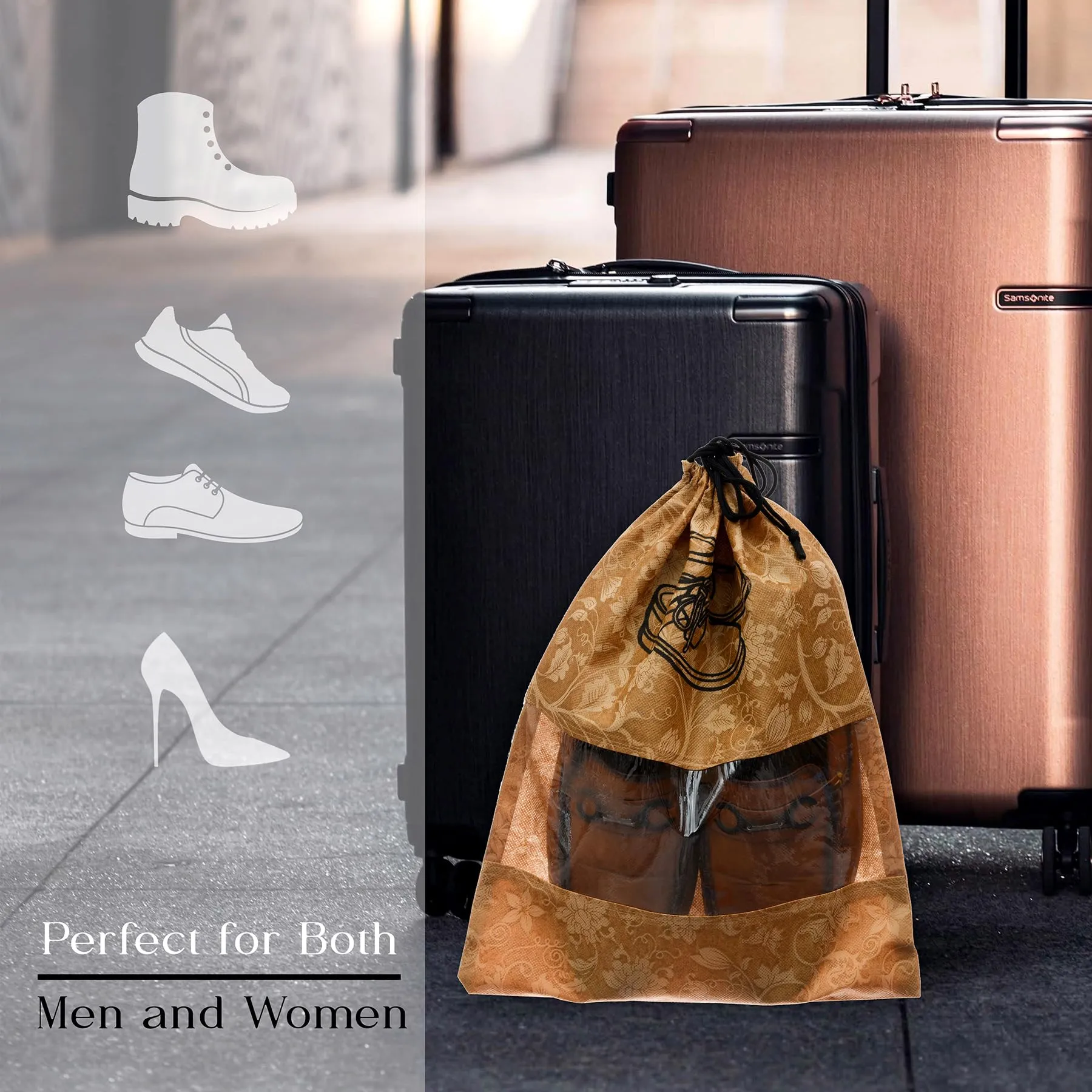 Kuber Industries Shoe Cover | Travel Shoe Storage Bags | Non-Woven Storage Bags | Shoe Cover with Drawstring | Shoe Organizer with Clear Window | Flower-Design | Pack of 6 | Brown