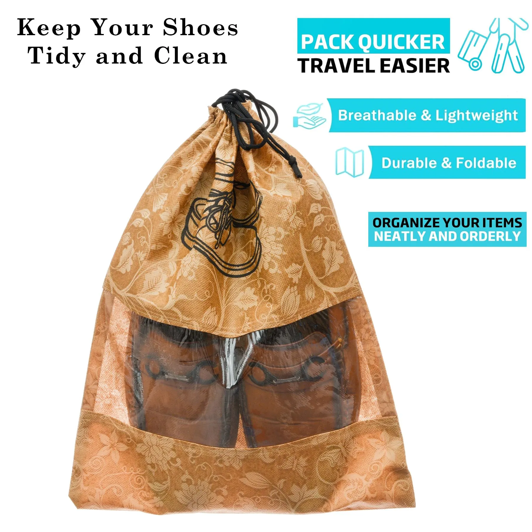 Kuber Industries Shoe Cover | Travel Shoe Storage Bags | Non-Woven Storage Bags | Shoe Cover with Drawstring | Shoe Organizer with Clear Window | Flower-Design | Pack of 6 | Brown