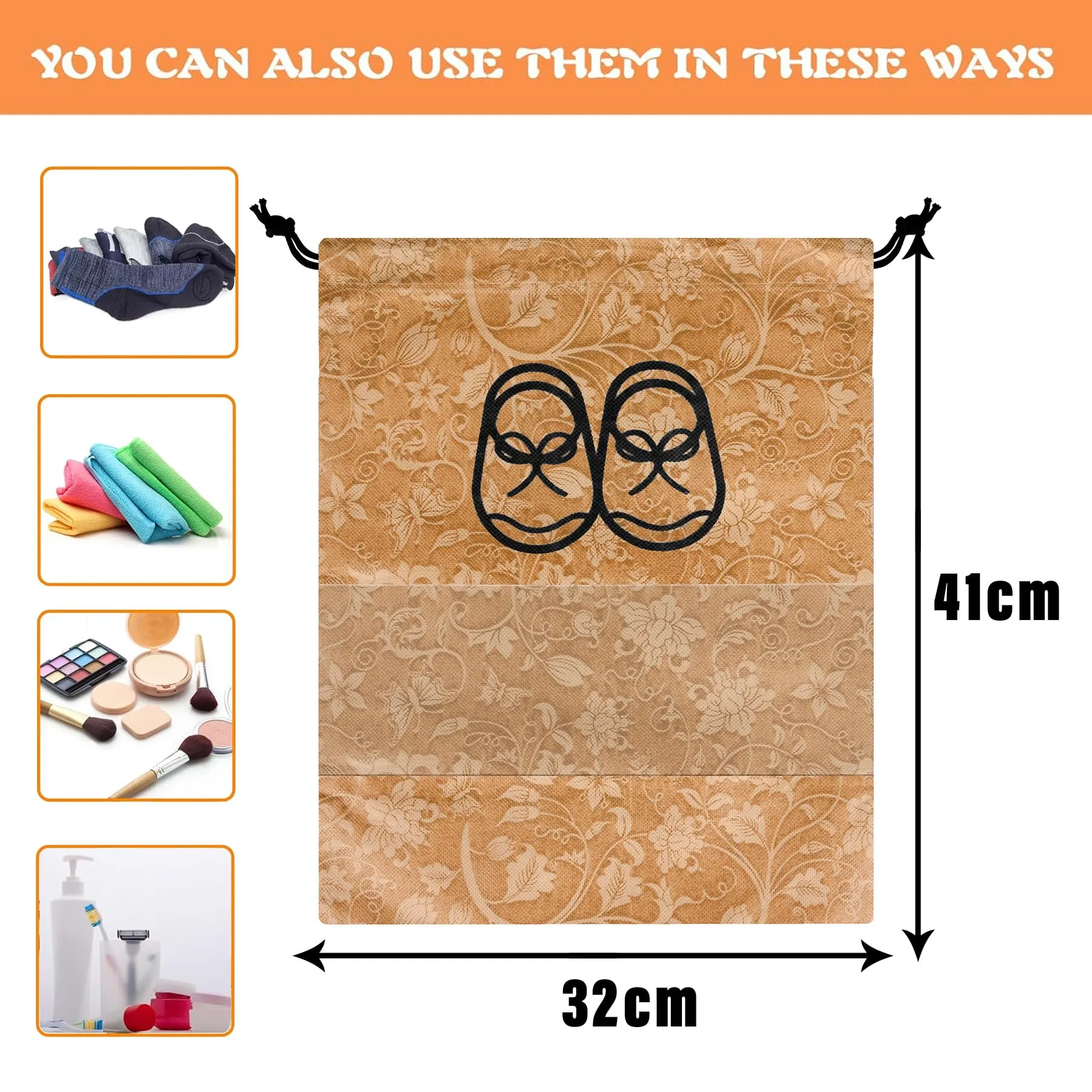 Kuber Industries Shoe Cover | Travel Shoe Storage Bags | Non-Woven Storage Bags | Shoe Cover with Drawstring | Shoe Organizer with Clear Window | Flower-Design | Pack of 6 | Brown
