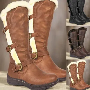 Leather Flat Buckle Round Toe Mid Calf Boots