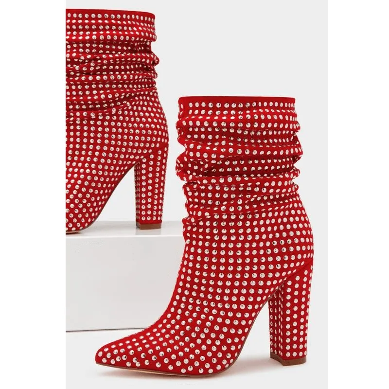 Leather High Block Heel Rhinestone Fold Calf Boots