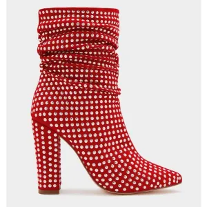 Leather High Block Heel Rhinestone Fold Calf Boots