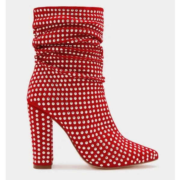 Leather High Block Heel Rhinestone Fold Calf Boots