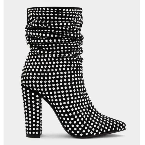 Leather High Block Heel Rhinestone Fold Calf Boots