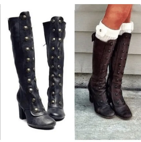 Leather High Heel Rivet Knee High Boots