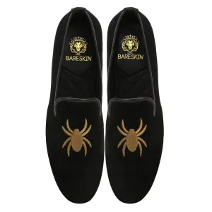 Light Brown Spider On Black Velvet Slip-Ons By Bareskin