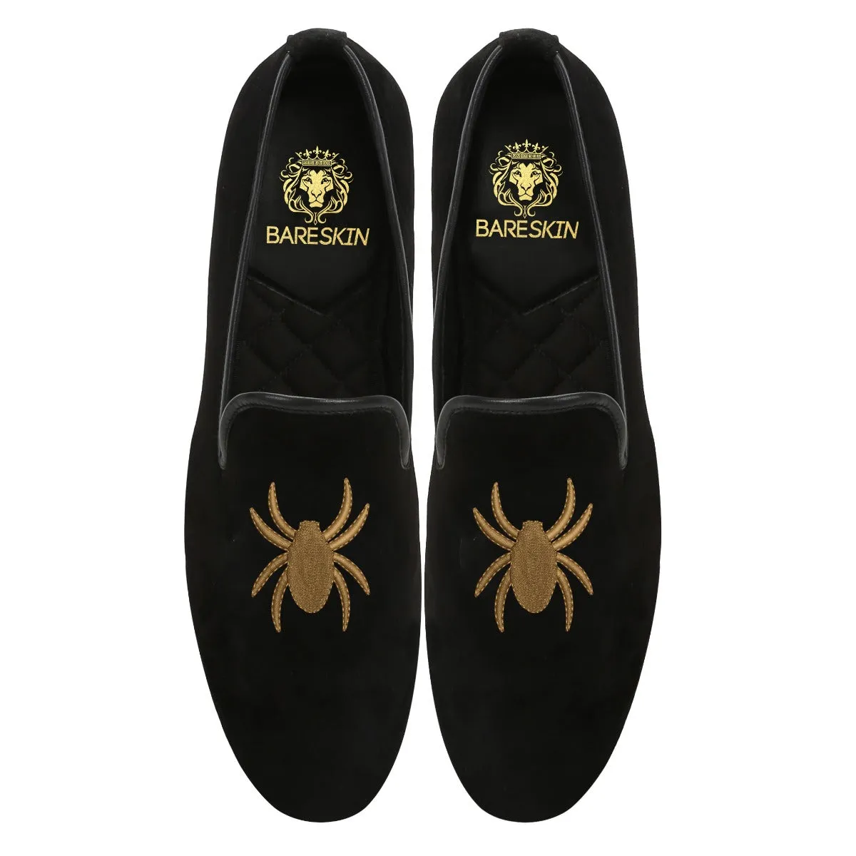 Light Brown Spider On Black Velvet Slip-Ons By Bareskin