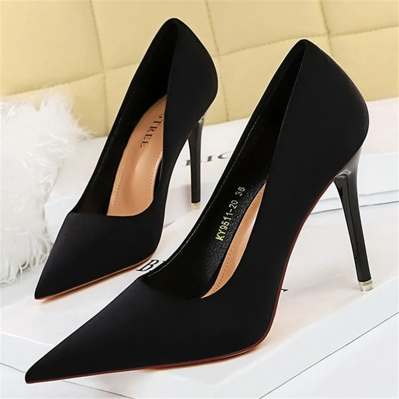 Luxury Elegant Women 7.5cm 10.5cm High Heels Scarpins Silk Pumps Lady Green Purple Fetish Wedding Bridal Low Heels Satin Shoes