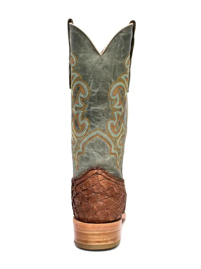 Mens Brown Turquoise Fish Embroidery Sq. Toe