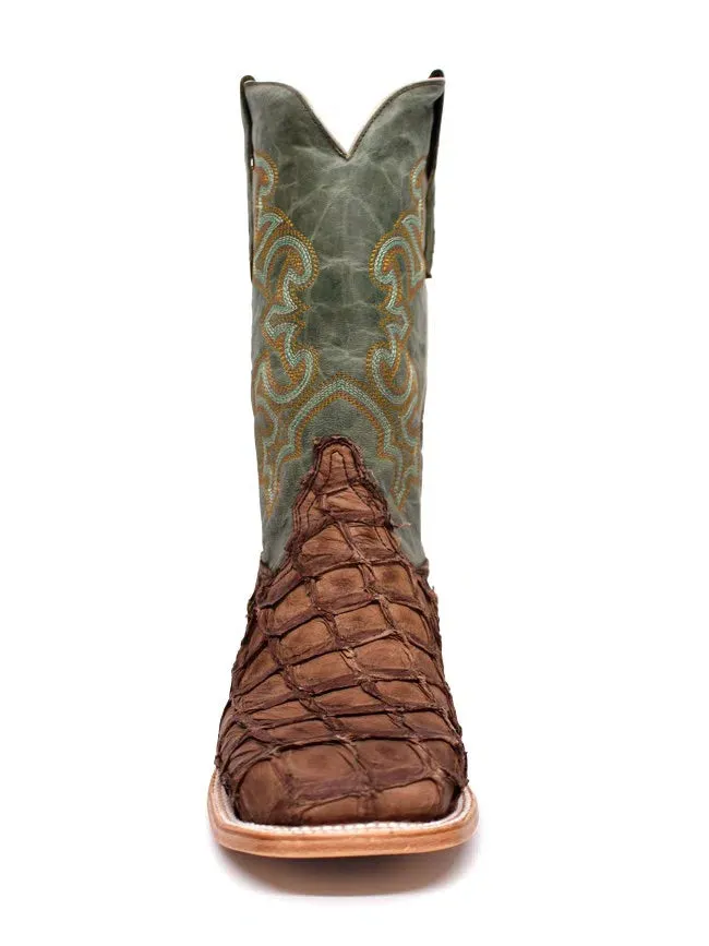 Mens Brown Turquoise Fish Embroidery Sq. Toe