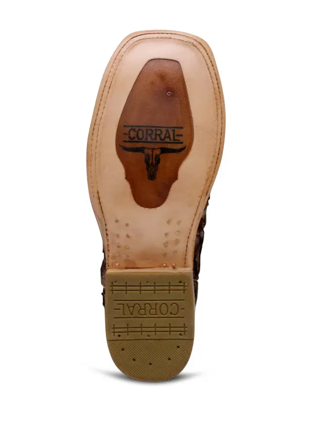 Mens Brown Turquoise Fish Embroidery Sq. Toe