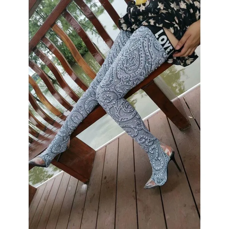 Party Rhinestone Print High Heel Clear Toe Tight High Boots