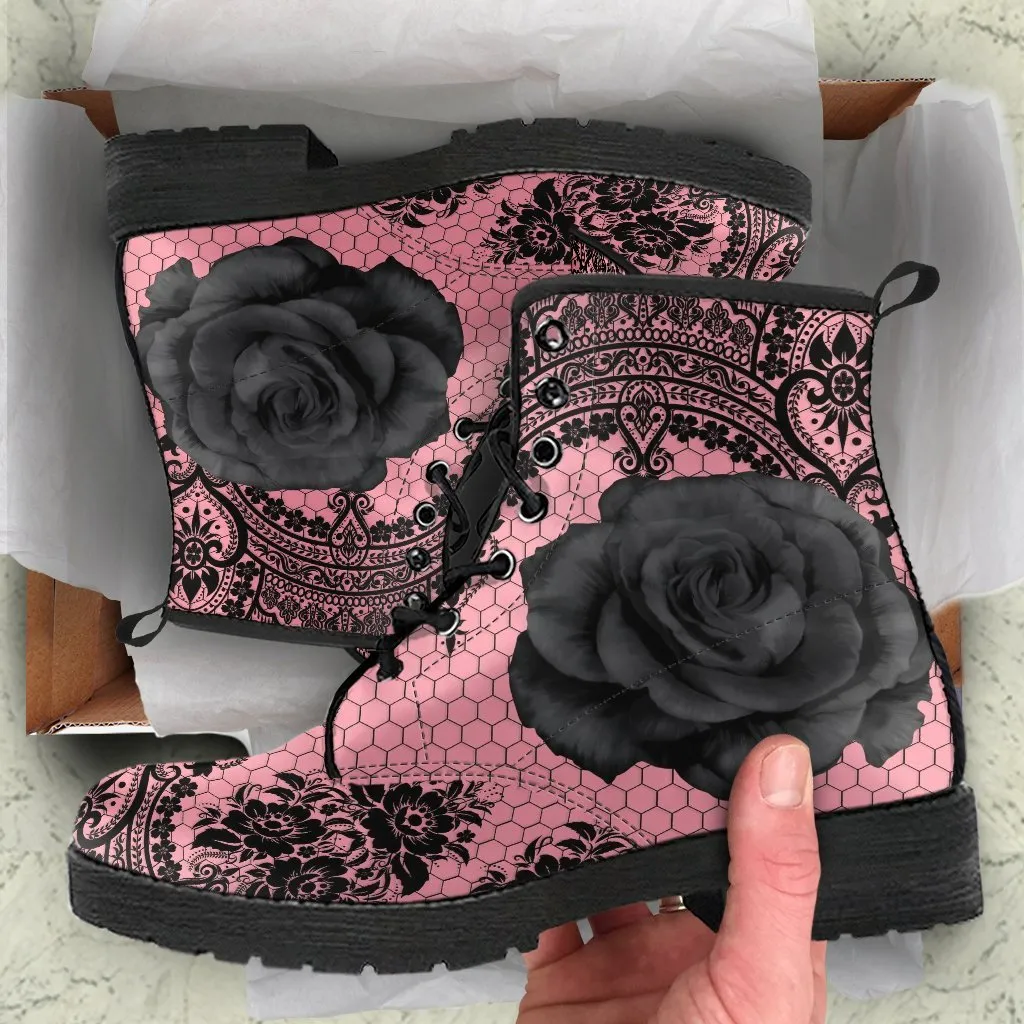 Pink Combat Boots-Gothic Lace Print 109 Roses