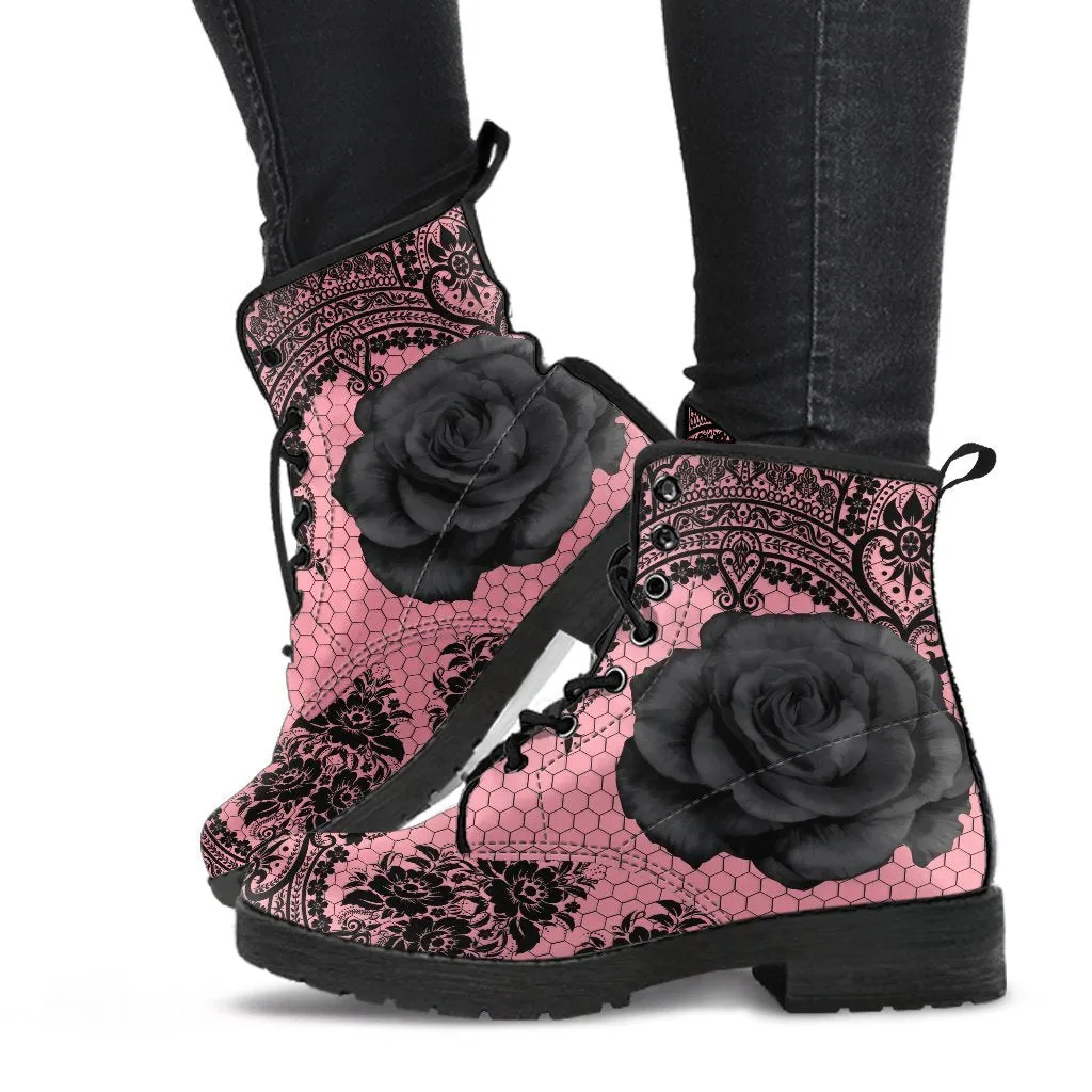 Pink Combat Boots-Gothic Lace Print 109 Roses