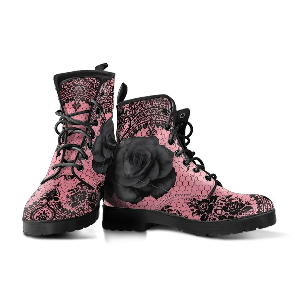 Pink Combat Boots-Gothic Lace Print 109 Roses