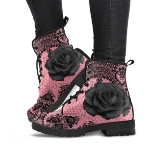 Pink Combat Boots-Gothic Lace Print 109 Roses