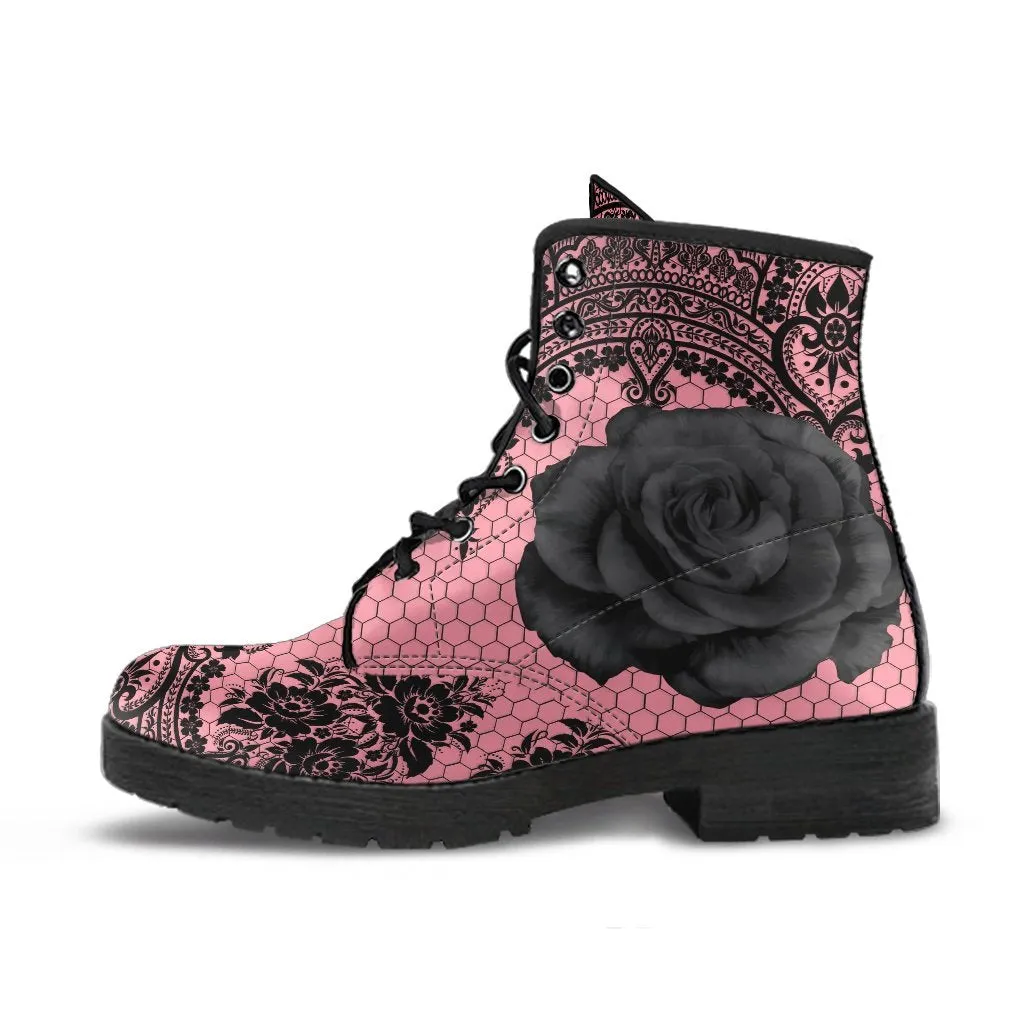 Pink Combat Boots-Gothic Lace Print 109 Roses