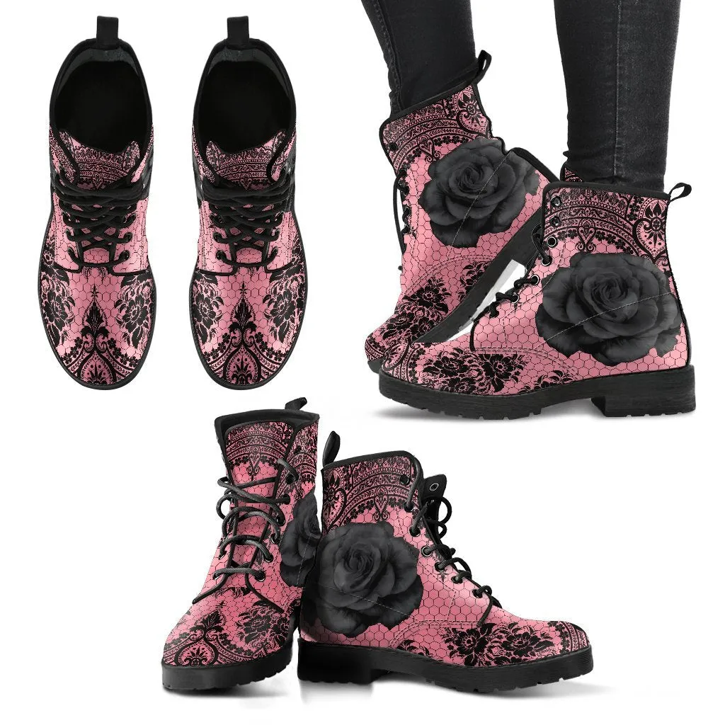Pink Combat Boots-Gothic Lace Print 109 Roses
