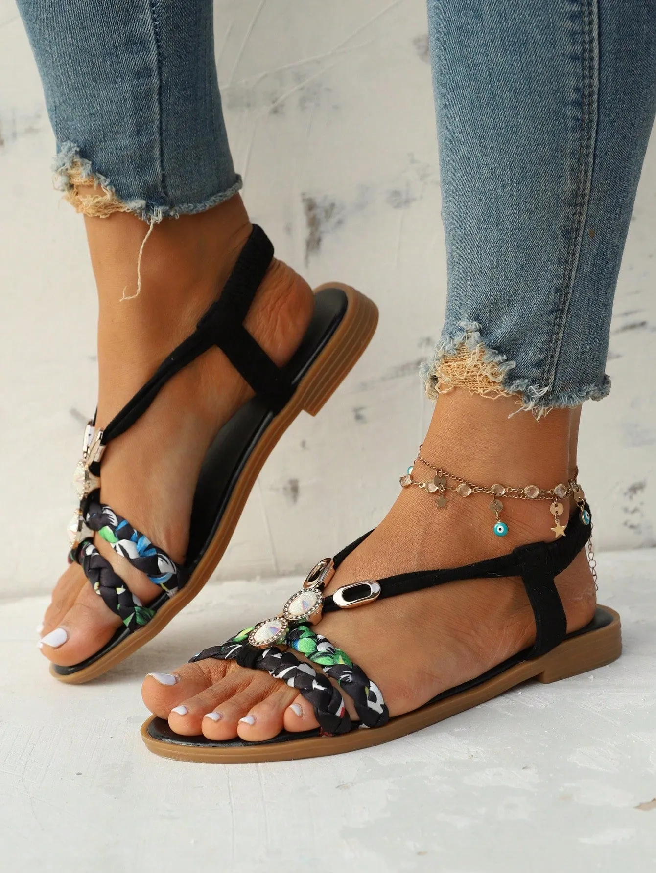 Slingback Flat Sandals with Rhinestone Decor