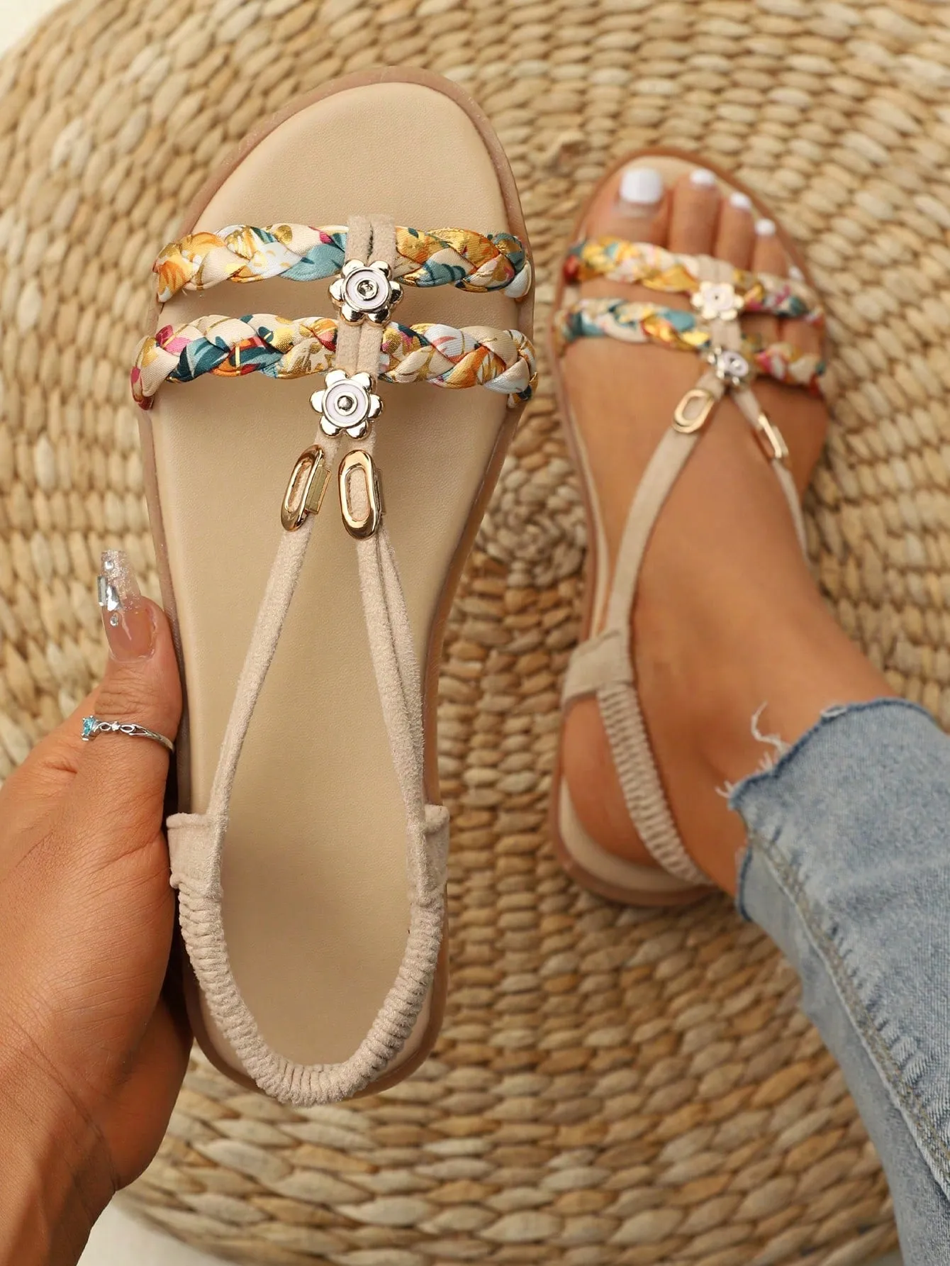 Slingback Flat Sandals with Rhinestone Decor