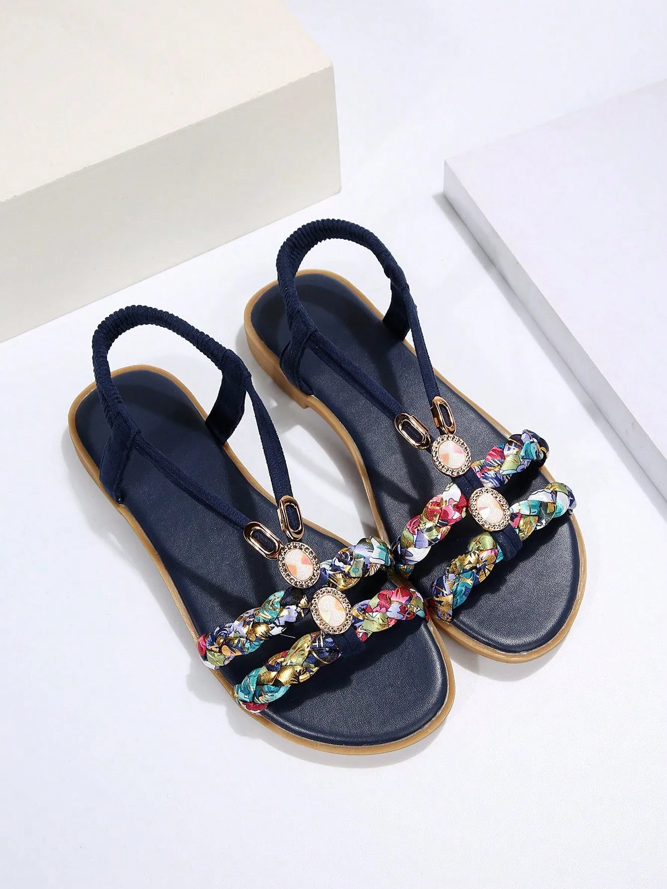 Slingback Flat Sandals with Rhinestone Decor