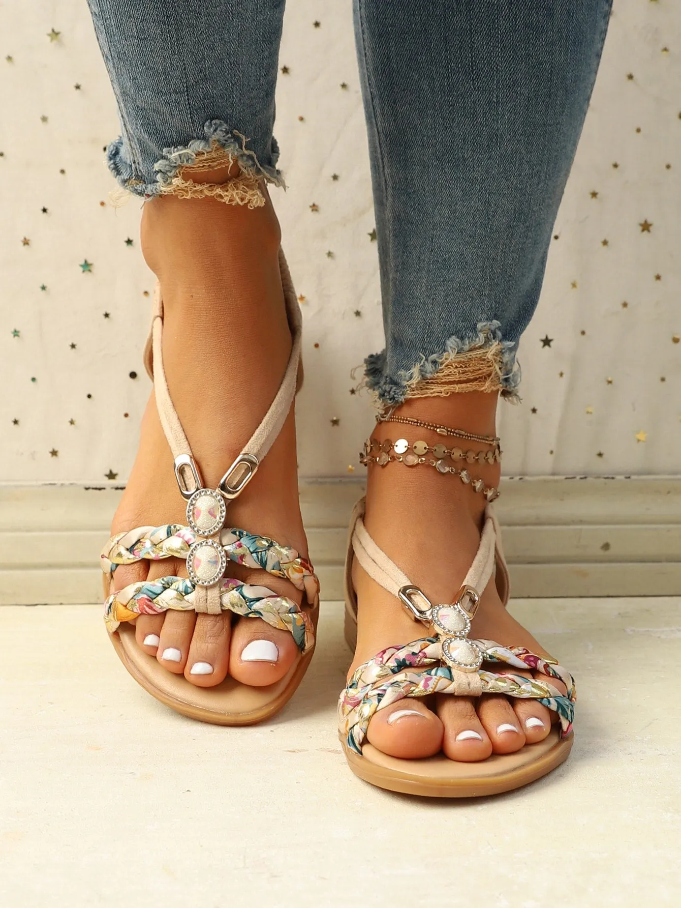 Slingback Flat Sandals with Rhinestone Decor