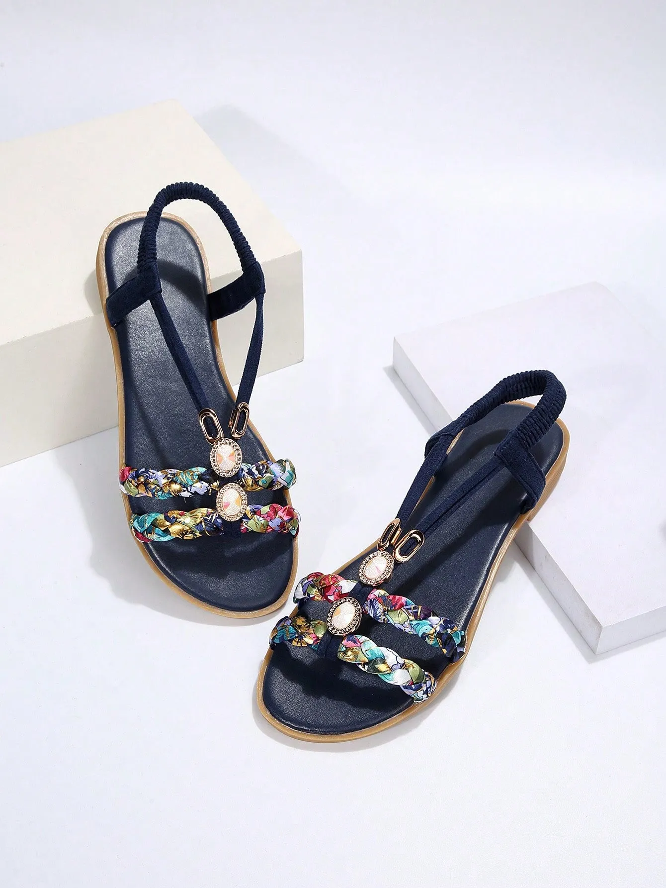 Slingback Flat Sandals with Rhinestone Decor