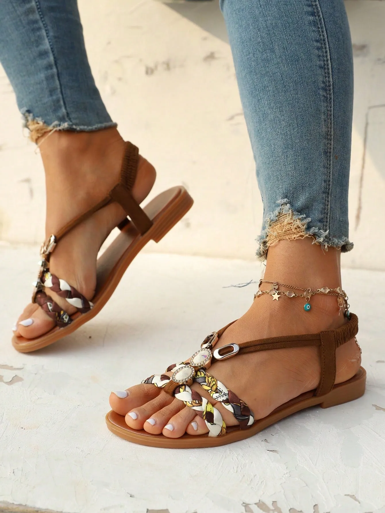 Slingback Flat Sandals with Rhinestone Decor